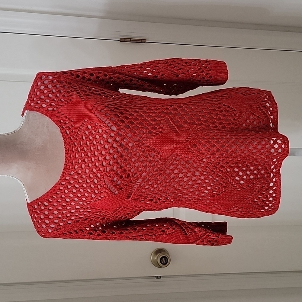 Objects D'art, Open Knit Red Sweater, Star Detail… - image 1